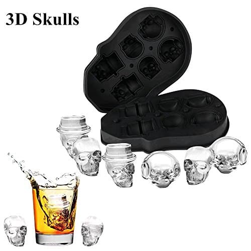 Ice Cube Trays, 3D Skull Flexible Silicone Ice Cube Mold Tray, Six Giant Skulls, Large Round Ice Cube Maker for Whiskey, Cocktail, Beverages and More - Black