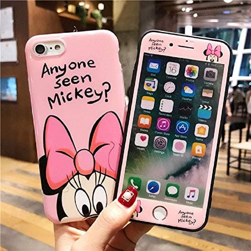 1 PC Mickey Minnie Phone Case +Screen Protector for iPhone 7 XS MAX XR 10 8 6 6s Plus Girl Cartoon TPU (Pink, iPhone 6 6S Plus)