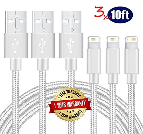 Lightning Cable, 3Pack 10FT Nylon Braided Charger Cable Lightning to USB Cable Sync &amp; Transfer Data, Charging Cord for iPhone 7 6 5 SE, iPad Air, iPad Mini - Silver