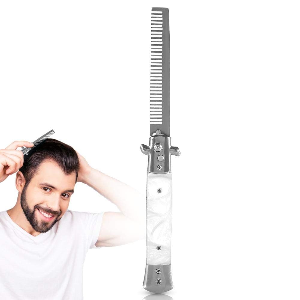 Folding Pocket Comb, Spring Folding Push Button Pocket Comb for Hairdressing Salon, Beard Care and Hair (White)