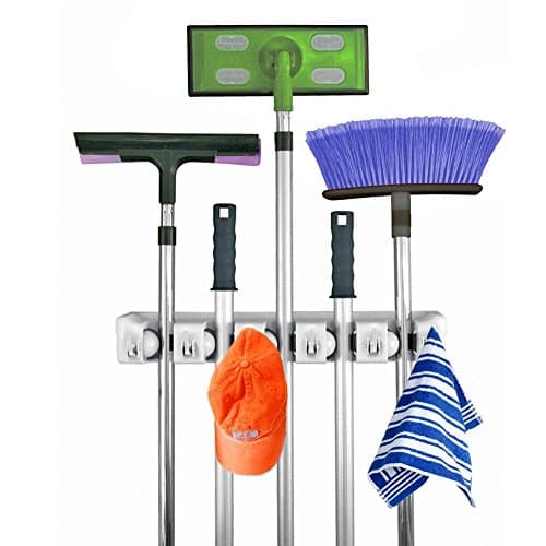 Mop and Broom Holder 5 position with 6 hooks Multipurpose Wall Mounted Organizer Storage Hooks 16 x 2 x 3 inches
