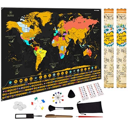 Fox Ramble 2-Pack Scratch Off World Map - Enjoy, Track and Share Your Adventures. Large Scratch Travel Poster 17x24, Printed with Flags, Landmarks and Wonders. Best Gift Idea for Travelers