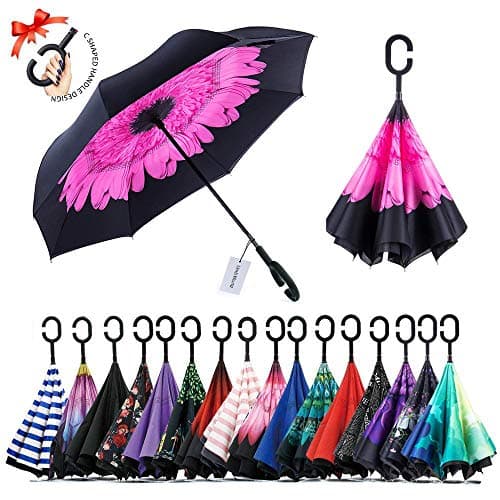 UmbWorld Inverted Umbrella, Double Layer Upside Down Reverse Umbrella for Car and Outdoor, with UV Protection, and C-Shaped Handle Big Straight Umbrella