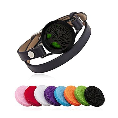 Essential Oil Diffuser Bracelet Aromatherapy Tree Stainless Steel Black Adjustable Leather Band with 8 Color Pads for Décor Gift
