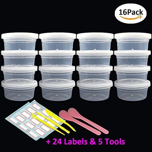 EASIEDAISY 16 Pack 4.5oz Slime Containers, Plastic Slime Storage Containers with Lids and 24pcs Sticker Labels and 5pcs Slime Tools. Clear, 130ml