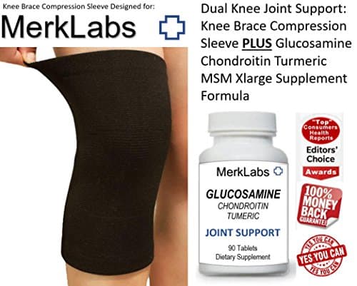 Knee Brace Support Compression Sleeve + Glucosamine Chondroitin Supplement Meniscus Tear ACL Arthritis Patella Stabilizer Joint Pain Relief Injury Recovery Running Basketball Sports Merk Labs MerkLabs