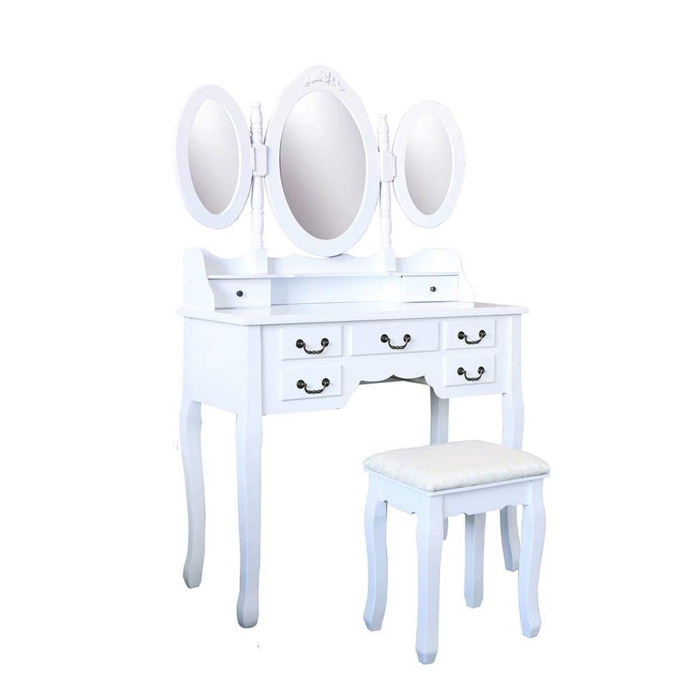 Waroom Home Vanity Table Set with Cushioned Stool Makeup Dressing Table 7 Drawer 3 Folding Oval Mirror