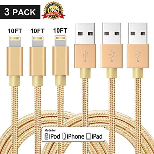 iPhone Cable,Lightning Cable Nylon Braided USB Data Cable 3 Pack[10FT,10FT,10FTt]Fast Charge Data Transmission Stable Support iPhone X /8/8 Plus/7/7 Plus/6/6S/6 Plus/6S Plus/5S/5C/5SE/iPad/iPod(Gold)