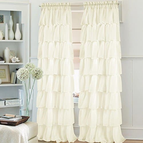 2pcs Gypsy Ruffled Full Stitched Curtain Panel Drape Window Treatment or Shower Curtain(only 1 curtain for shower) in 22 Colors &amp; 4 Different Sizes (63", Ivory)