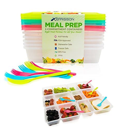 Meal Prep Containers 6-Pack 2-Compartment Bento Lunch Box Food Storage Containers with Lids – 6 Bonus Forks - Reusable BPA Free, Portion Controlled Divided - Microwave, Freezer, Dishwasher Safe