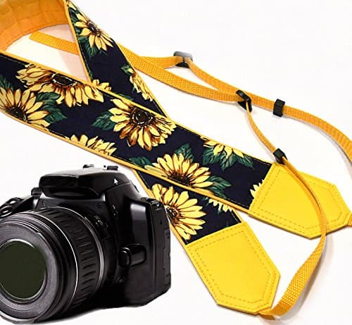 InTePro Yellow Camera Strap with Sunflowers. Adjustable Shoulder Carry Strap for Digital Cameras – Heavy Duty & Long Lasting.