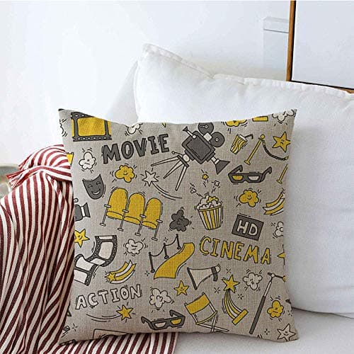 Decorative Throw Pillow Cushion Covers for Sofa Cinema Pattern Hand Drawn Elements Design Cinematography Signs Symbols Doodle Fun Textures Ticket Linen Couch Square Pillow Cases 16x16 Inch