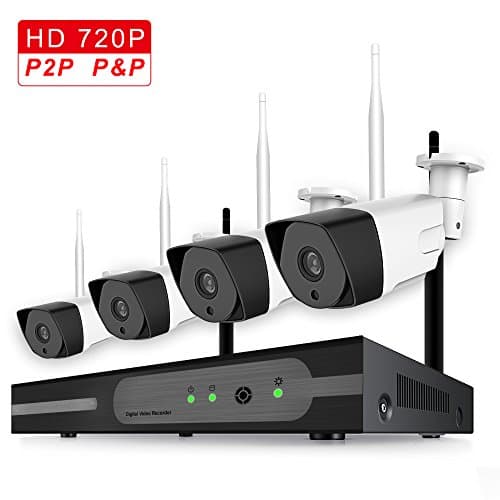 Wireless Security Camera System with Free Cloud 4pcs 720P(1.0MP) WiFi CCTV IP Camera + 4CH 1080P HDMI NVR Home Video Surveillance System, Night Vision, Motion Detection, No Hard Drive in Package