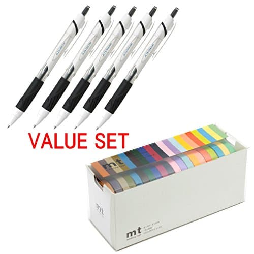Uni-ball Jetstream Extra Fine Point Retractable Roller Ball Pens,-rubber Grip Type -0.5mm-black Ink-value Set of 5 + MT Washi Masking Tapes, Set of 20, Bright &amp; Cool Colors (MT20P002)