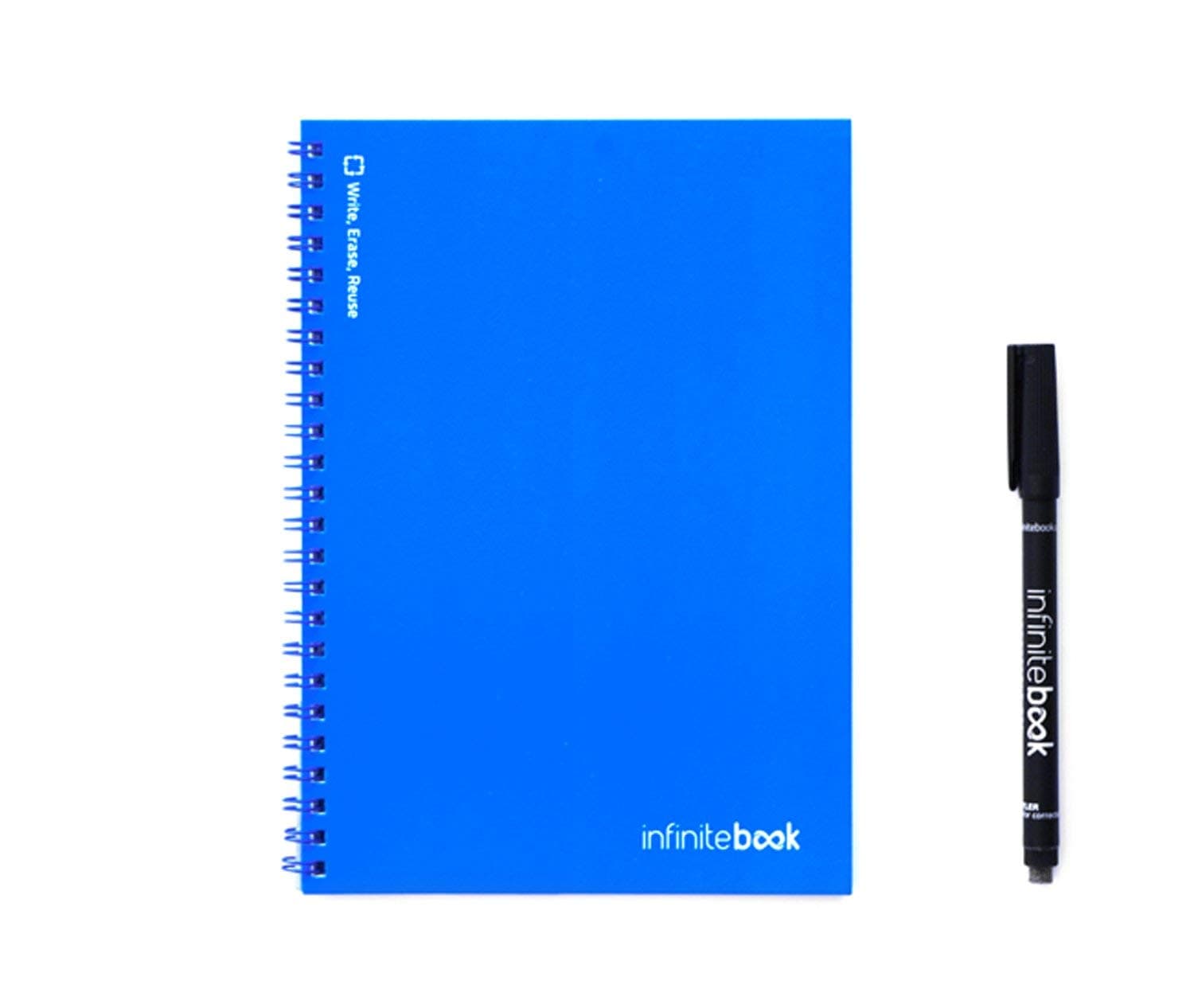 Infinitebook Reusable whiteboard Notebook, A5, Plain, Spiral-Bound, Includes Black Pen, Blue Cover