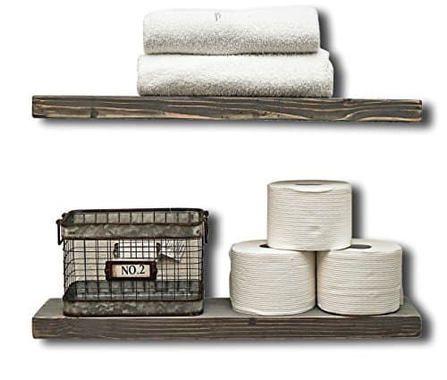 (2pc) FARMHOUSE STYLE RUSTIC 100% NATURAL SOLID PINE WOOD FLOATING SHELVES BRACKETS MOUNTING HARDWARE CLEAR COAT (24"X5.5"X1.5") wall hanging decor picture shelf (Weathered Grey Distressed)