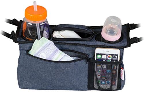 Universal Stroller Organizer Bag By KidLuf - 2 Cup Holders &amp; Accessories Storage Bag for Strollers - With Mesh Pocket for Cell Phone (Denim)