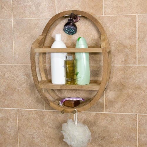 Teak Round Shower Caddy Bathroom Shelf Wall Storage Rack Bath Organizer Holder Shelves