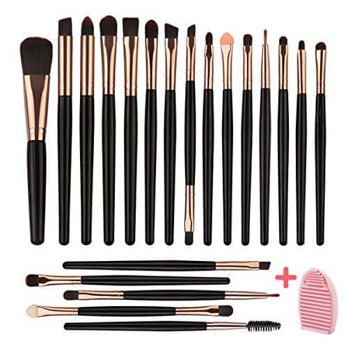 MAGEFY 20 PCs Makeup Blending Brush Tool Set,for Foundation Blending Blush Concealer Eye Shadow,Soft Fiber Bristles Premium Plastic Handles(Black Golden) with Makeup Brush Scrubbing Mat