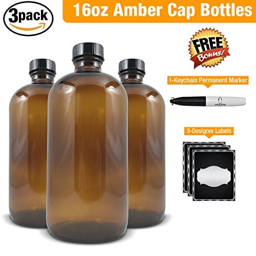 Empty Amber Glass Bottle-Large 16 oz Refillable Container for Storing Chemicals, Shampoo, Conditioners, Soaps, Cleaning Products, Essential Oils, and Aromatherapy-Black Caps-3 Pack Bonus Free Extras
