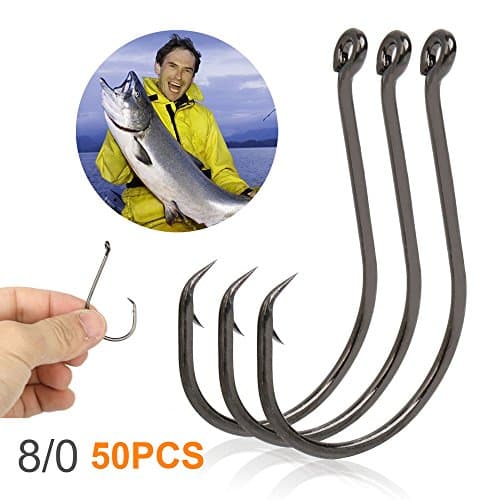 Fishing Octopus Hooks, iwolkon Offset Circle Extra Sharp Black High Carbon Steel for Saltwater Boat Fishing 1/0-10/0 50 Pack (8/0)