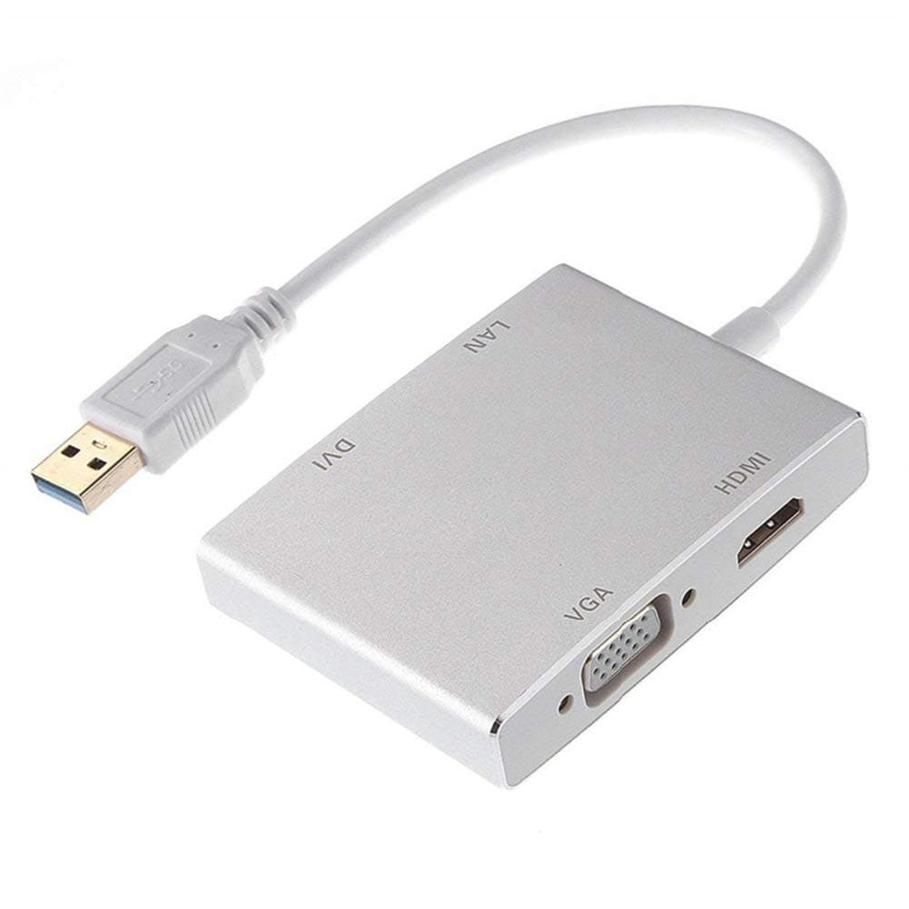 CAheadY 4 in 1 USB 3.0 to 4K HDMI VGA DVI RJ45 Gigabit Ethernet Lan Adapter Converter White