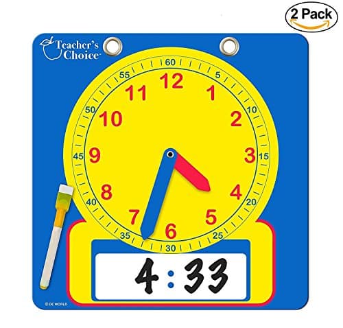 Educational Teaching Clock | Large Demonstration Learning Time Clock with Erasable Writing Surface to Teach Time, Two Pack