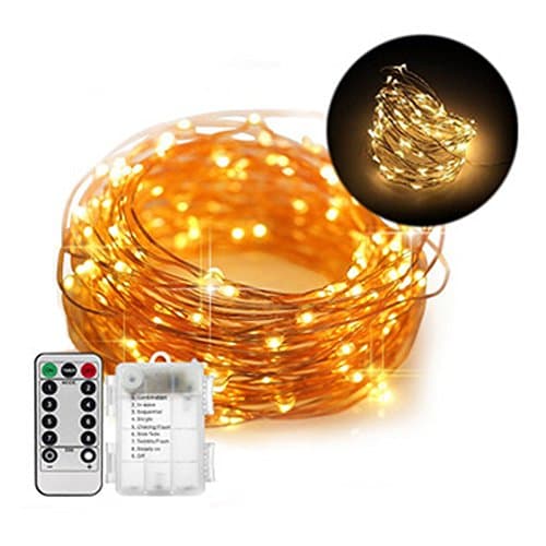 Battery Operated String Lights 8 Modes 100LED 33ft Copper Wire，Waterproof Decorative String Lights Dimmable Remote Control for Bedroom, Patio,Wedding, Parties, Christmas, Halloween(Warm White)