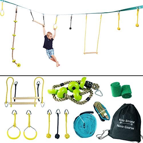 Ninja Warrior Training Obstacle Course - Portable 40’ Ninja Slackline Monkey Bar Kit with 8 Hanging Obstacles - Climbing Rope, Knot Fists, Rings, Monkey Bars - 250lb Capacity Kids Backyard Ninjaline