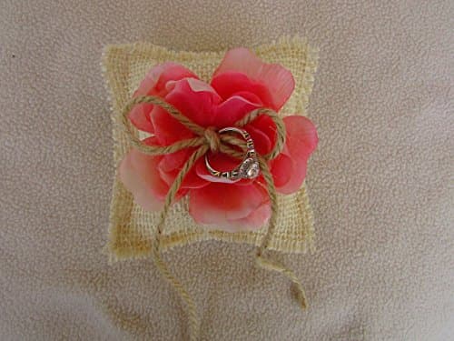Small Ivory Burlap Ring Pillow with Pink Rose
