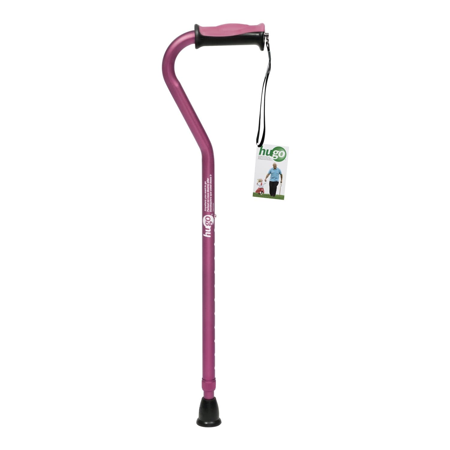 Hugo Adjustable Offset Handle Cane with Reflective Strap, Rose