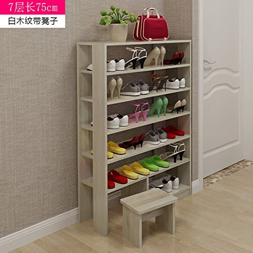 HJFF-Simple shoe rack simple modern economic multilayer type large capacity storage rack, small shoe assembly home,Seven layers of white wood with stool