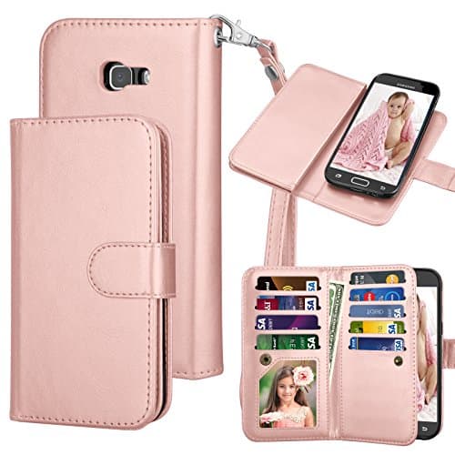 Samsung A5 2017 Case Wallet,Galaxy A5 2017 Flip Case,Eutekcoo [Magnetic Detachable Case] [Cash & 9 Card Slots] + Wrist Strap PU Leather Wallet Folio Case Cover for Samsung Galaxy A5 2017-Rose Gold
