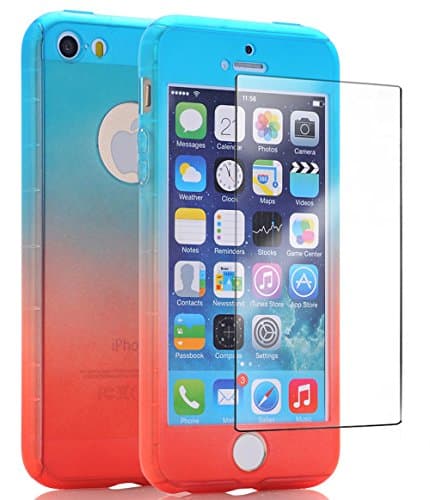 iPhone 5S Case With Tempered Glass Screen Protector, Liberwill Ombre Colorful Full Body Protect Slim Fit Fade Blue to Red Ultra Thin Light Weight Hard Snap-On Case for Apple iPhone 5 &amp; iPhone 5S