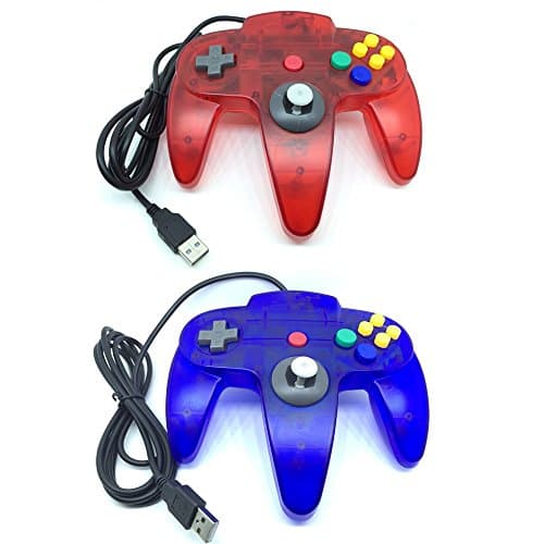 Pelod 2 packs Classic Retro N64 Bit USB Wired Controllers for PC and Mac(Clear Red and Clear Blue)