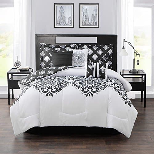 OSD 7pc Black White Scroll Work Girls Damask Theme Comforter King Set, Boho Chic Bohemian Scrollwork Paisley Flower Quartrefoil Themed Pattern, Floral Scroll Motif Bedding