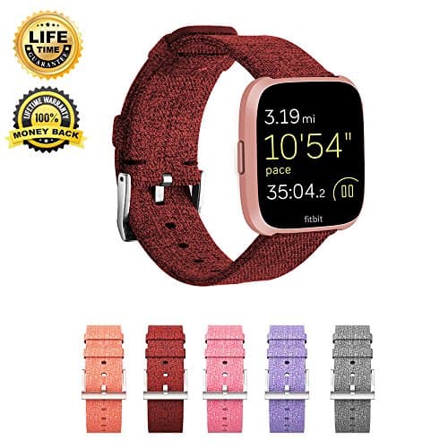 Bands Compatible Fitbit Versa,Replacement Woven Canvas Fabric Wrist Strap Quick Release Watch Band Accessories Classic Square Stainless Steel Buckle Fitness Smart Watch Women Men (Claret)