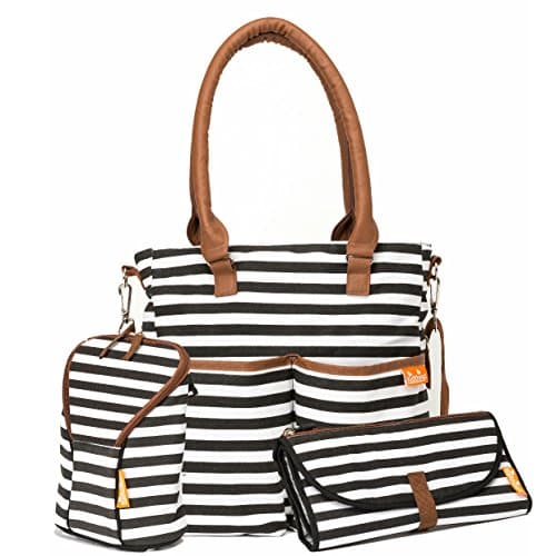 Diaper Bag Designer Elegant, Functional and Durable, Bonus Compact Diaper Change Pad, Large Insulated Baby Bottle Holder, Bonus E-Book - Perfect Baby Shower Gift