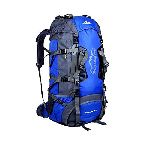 LECCER（Azaker）large 80L Internal Frame Hiking Backpack Water-resistant Nylon Trekking Bag for Climbing, Camping, Hiking, Travel and Mountaineering with Orange Rain Cover (Blue)