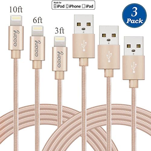 WOOO [3 Pack] 3FT 6FT 10FT 8 Pin Lightning to USB Cable Sync and Charging Cable Cord for iPhone 7/7 plus/ 6/6s/6 plus/6s plus, 5c/5s/5/SE, iPad Air/Mini, iPod Nano/Touch iOS 10 (Gold)