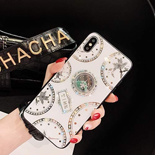 QFUN Hard Case for iphone XR with Ring Holder, Glitter Diamond Clock Pattern Design Ultra Thin Hard Plastic Phone Case with Rotating Grip Stand Shockproof Bumper Protective Cover,Silver