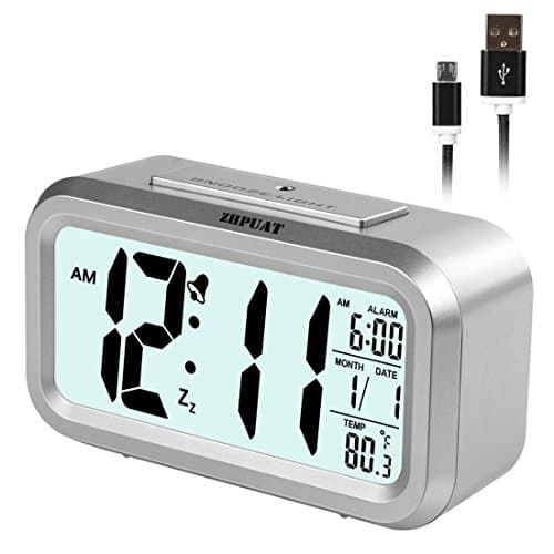 ZHPUAT [Special Version] Smart Light Alarm Clock with Dimmer Display on Black Screen, Both Cord and Batteries Supply, Easy Operation (Silver)