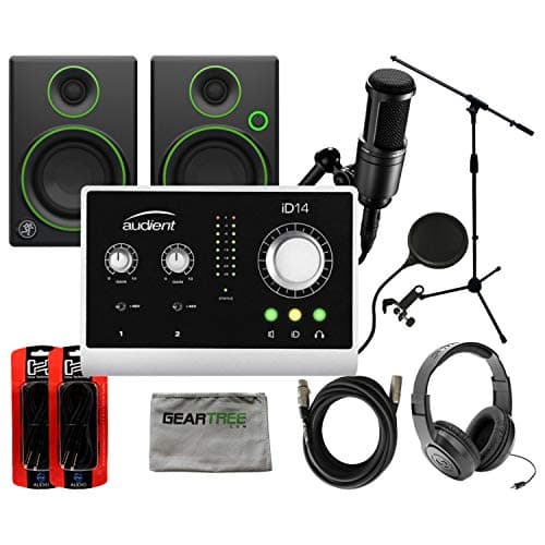 Audient iD14 USB Recording Interface w/Studio Monitors, Headphones, Mic Stand,