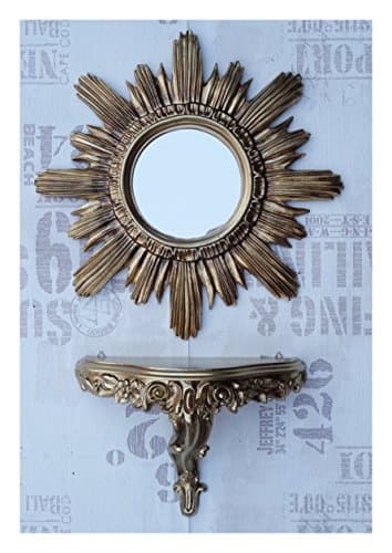 Lnxp Set in Gold Sun Round Wall Mirror + Console M Wall Bracket Baroque Antique 42 x 42 cm Hallway Entrance Furniture Console Shelf Mirror Wall Shelf