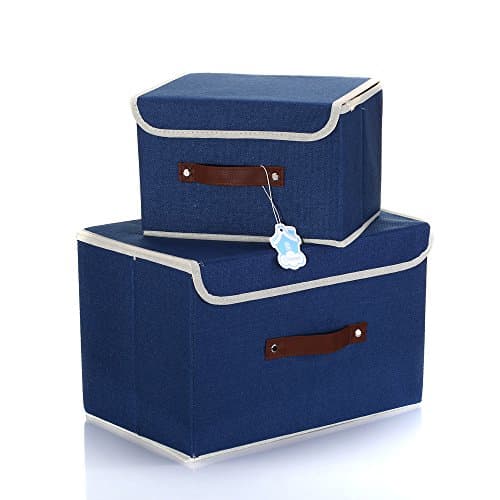 Larger&Small Multifunction Foldable Polyester Linen Canvas Storage Containers,Convenient Cubes Basket Storage Bin with Lid for Clothing,sock,underwear,Toys,Books,Art,Craft supplies ect (Blue)