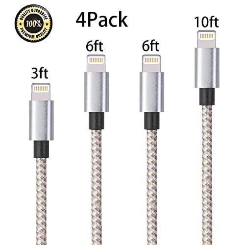 iPhone Charger, 4-Pack 3Ft 6Ft 6Ft 10Ft Mingu, Nylon Braided Cord Lightning Cable to USB Charging Cable for iPhone 7 7 Plus 6s 6 5s 5c 5 SE, iPad Pro, Air, mini, iPod - Gold &amp; Grey