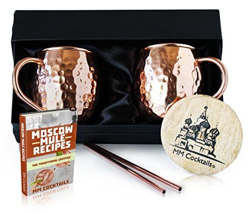 Moscow Mule Mugs - Handcrafted 100% Pure Solid Copper Hammered Finish 16 Oz Classic Mug - Premium Quality Gift Box Set of Two Cups with Bonus Coasters Copper Straws &amp; FREE Recipe eBook - MM Cocktails