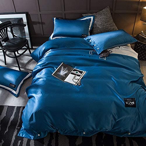 Comfortable bed cover Washed silk four-piece cotton bed sheets Continental satin wedding hotel cotton solid Tencel bedding four-piece bed cover (Color : Blue, Size : 200 * 230cm)