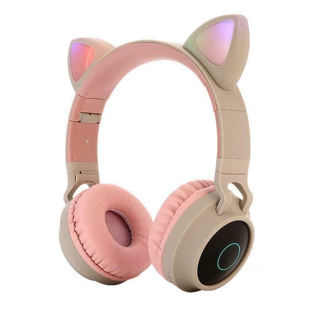 Over-ear Headphones With Cat Ear，Foldable Bluetooth headset，LED illuminated headphones, suitable for girls, boys, adults (Khaki)