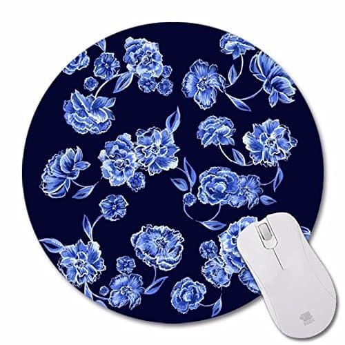 Mouse Pad Non-Skid Rubber Pad Personalized Round Desktop Mousepad, Blue Flower design